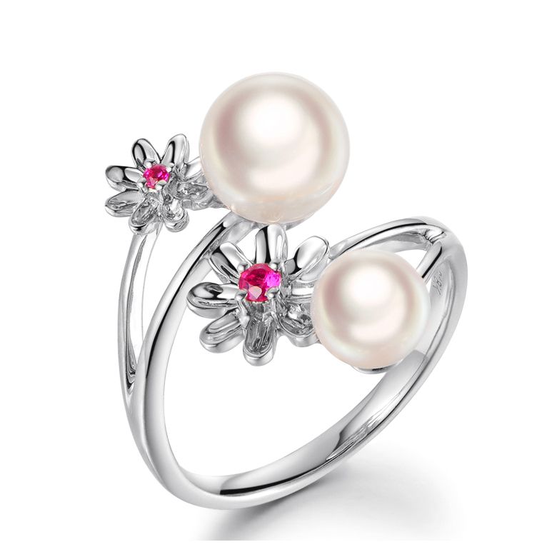 Bague Toi et Moi Perles Akoya Japon. Fleurs, Saphirs roses - 1