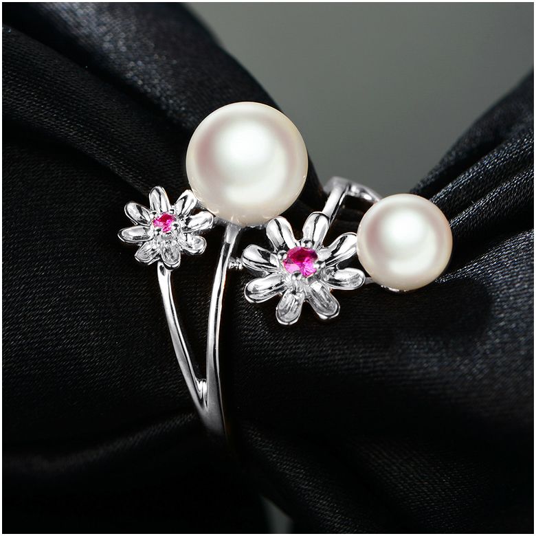 Bague Toi et Moi Perles Akoya Japon. Fleurs, Saphirs roses - 3