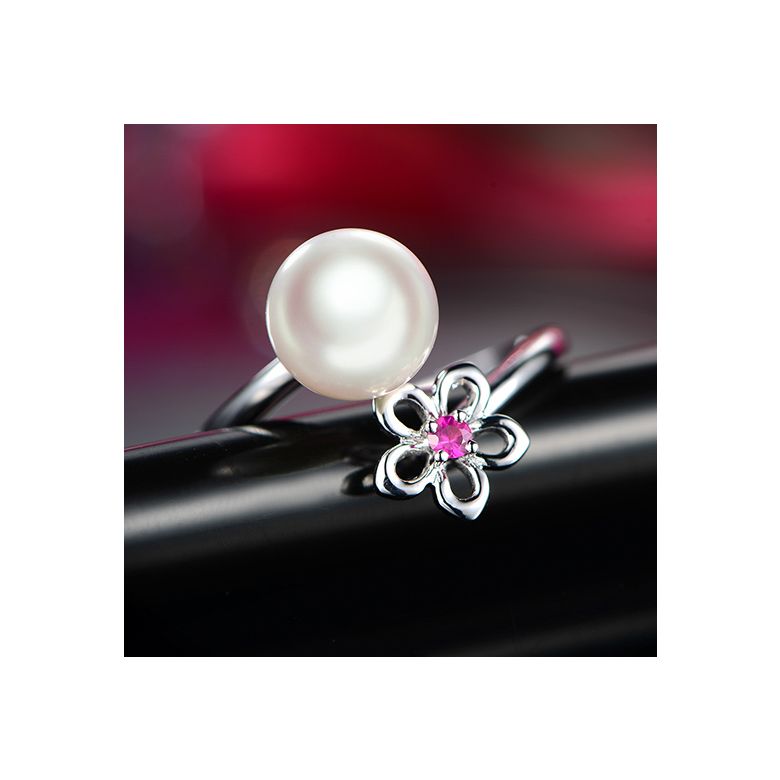 Bague fleur. Or blanc, perle Akoya et saphir rose - 4