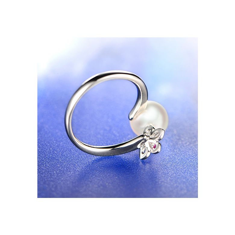 Bague fleur. Or blanc, perle Akoya et saphir rose - 7