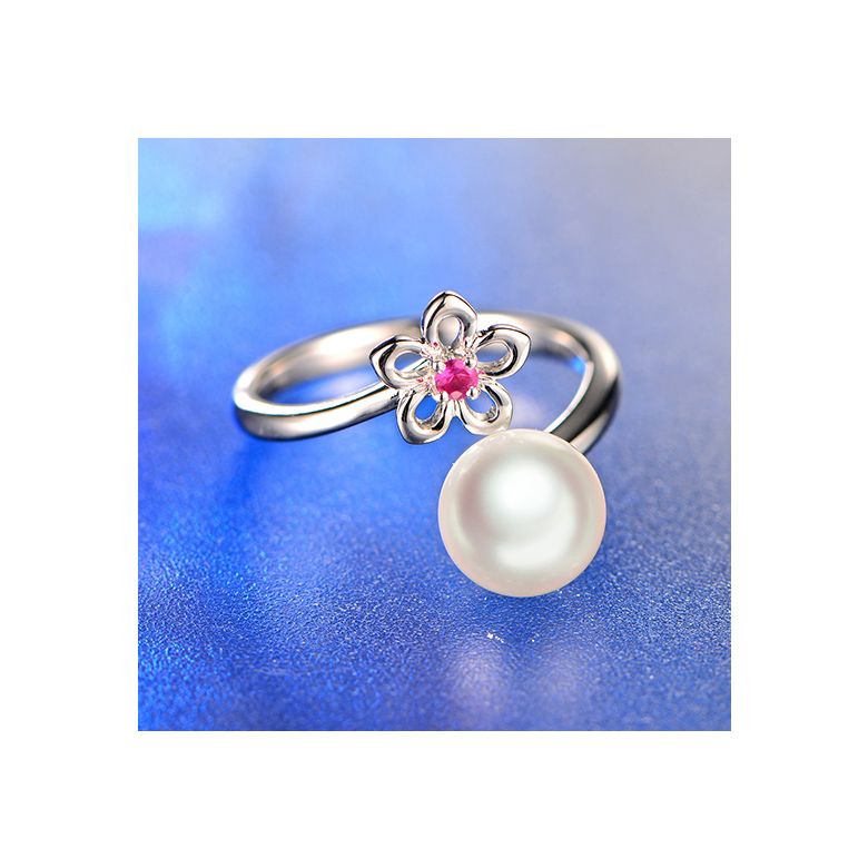 Bague fleur. Or blanc, perle Akoya et saphir rose - 6