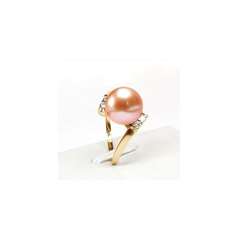 Bague ondulée solitaire - Or jaune, diamants - Perle blanche culture - 7