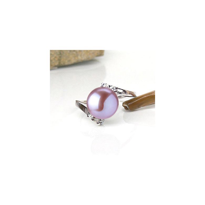 Bague ondulée solitaire - Or blanc, diamants - Perle blanche culture - 9