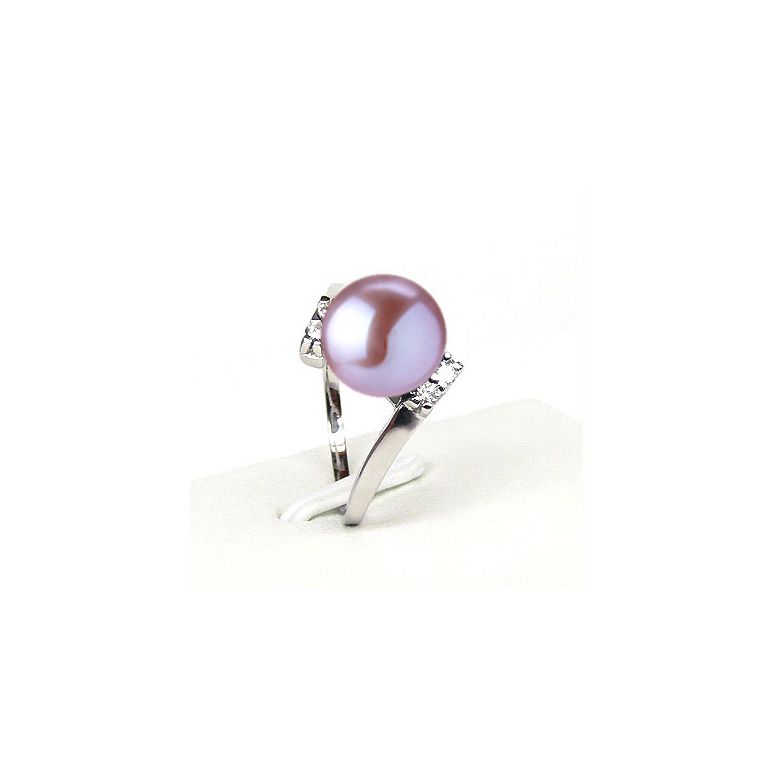 Bague ondulée solitaire - Or blanc, diamants - Perle blanche culture - 8