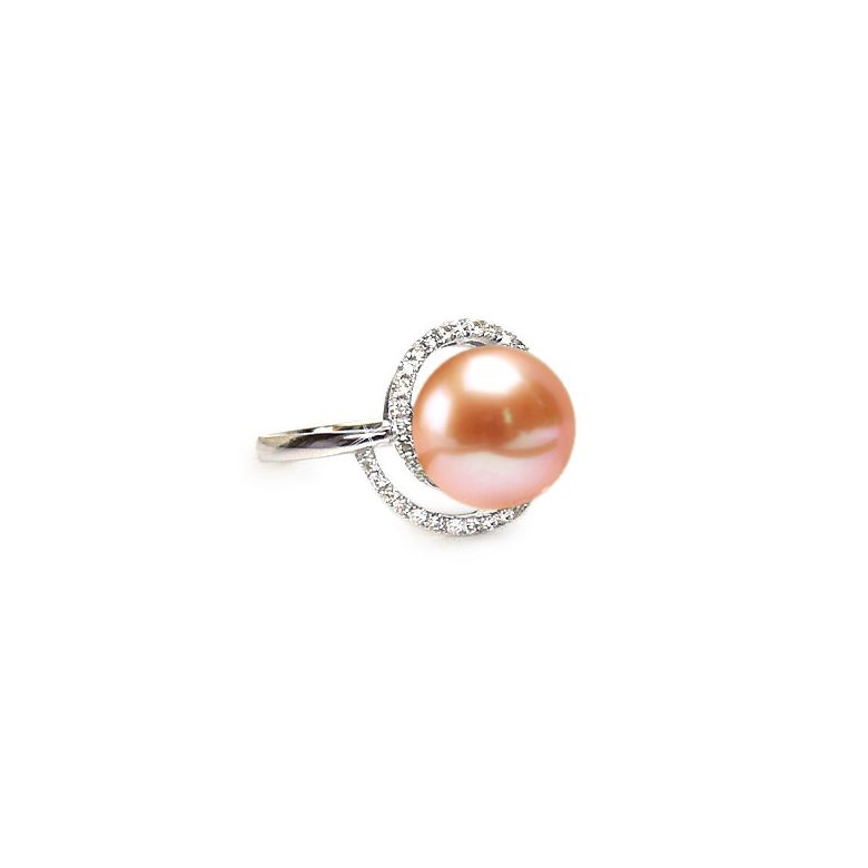 Bague perle d'eau douce blanche - Encerclement d'or blanc et diamants - 5