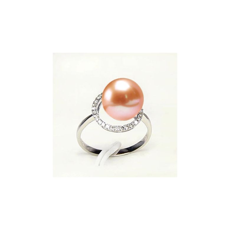 Bague perle d'eau douce blanche - Encerclement d'or blanc et diamants - 6