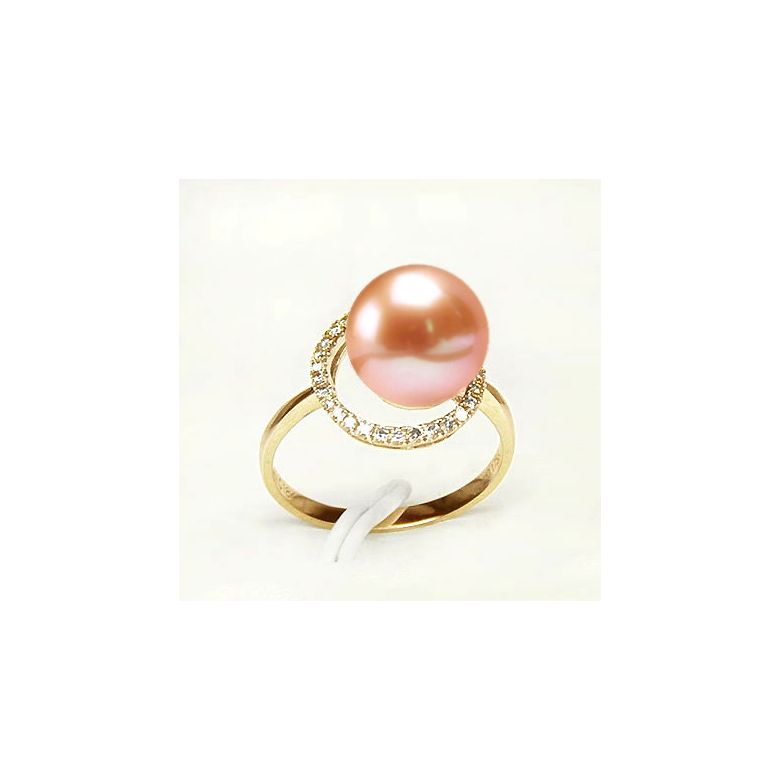 Bague perle d'eau douce blanche - Encerclement d'or jaune et diamants - 4