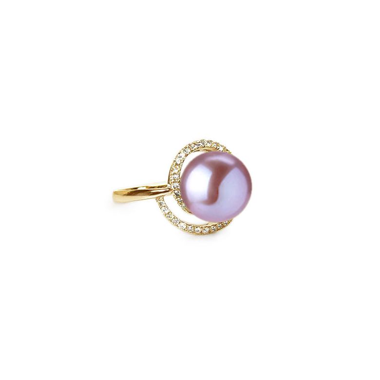 Bague perle d'eau douce blanche - Encerclement d'or jaune et diamants - 5