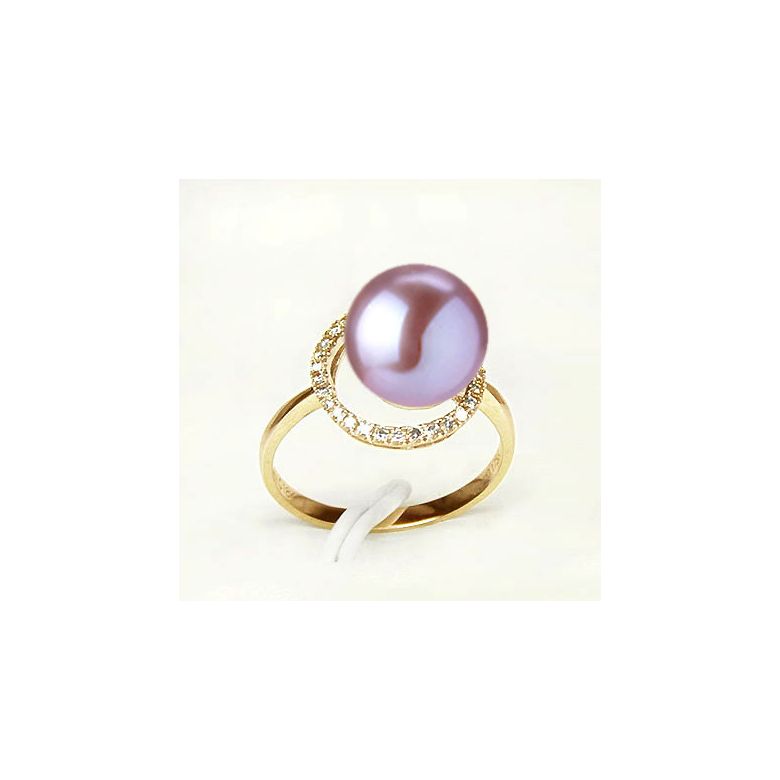 Bague perle d'eau douce blanche - Encerclement d'or jaune et diamants - 6