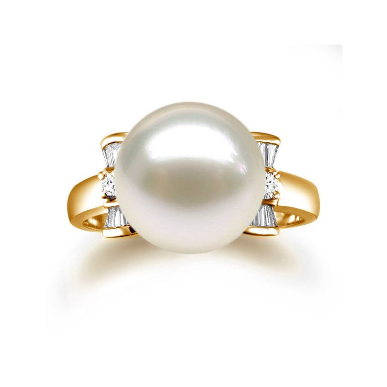 Bague noeud papillon - Perle blanche Chine - Or jaune, diamants - 2