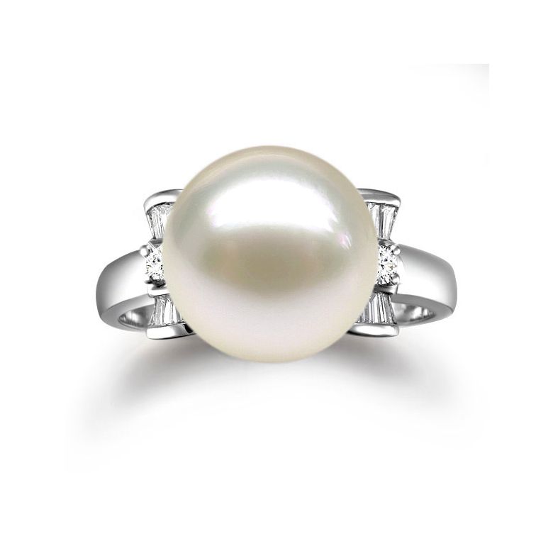 Bague or perle de culture - Perle blanche Chine - Or blanc, diamants - 3