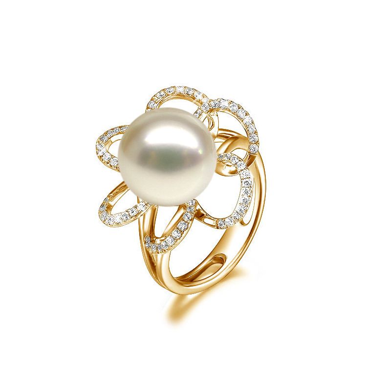 Bague fleur perlée blanche - Pétales or jaune - Perle culture Chine - 1