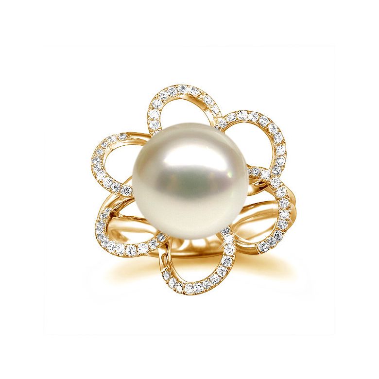 Bague fleur perlée blanche - Pétales or jaune - Perle culture Chine - 2