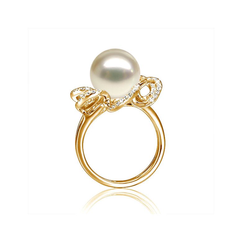 Bague fleur perlée blanche - Pétales or jaune - Perle culture Chine - 3