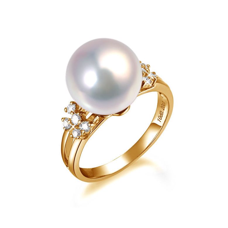 Bague anneau doublé or jaune - Perle blanche Chine et diamants sertis - 1