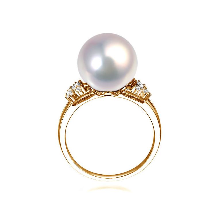 Bague anneau doublé or jaune - Perle blanche Chine et diamants sertis - 2