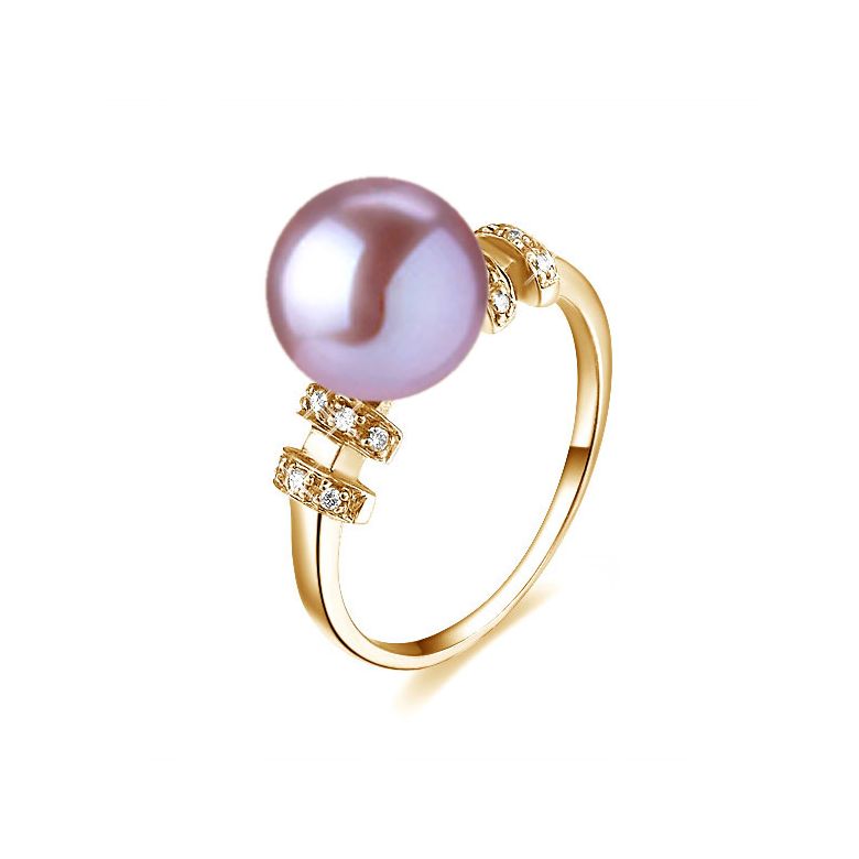 Bague moderne femme en or jaune - Perle eau douce blanche - Diamants - 8