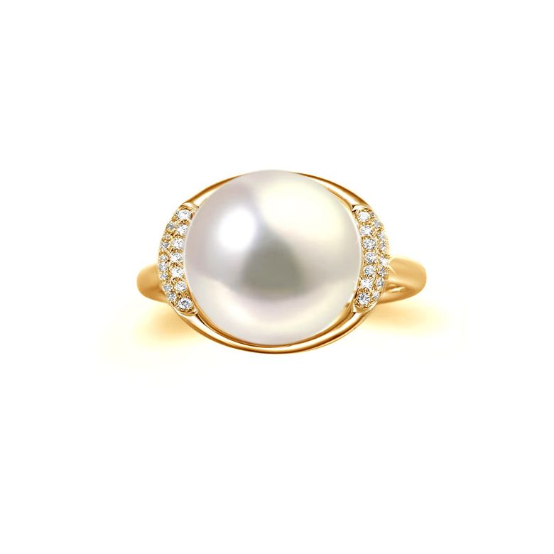 Bague perle d'eau douce et or jaune - Plateau circulaire en diamants - 3
