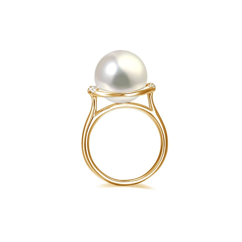 Bague perle d'eau douce et or jaune - Plateau circulaire en diamants - 4