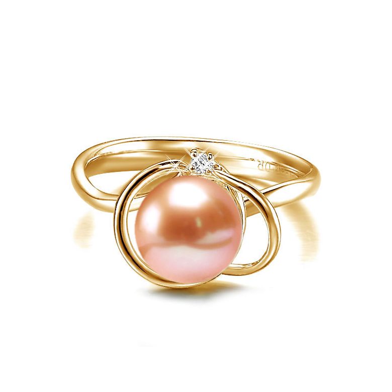 Bague perle d'eau douce blanche - 9/9.5mm, AAA - Or jaune, diamant - 8