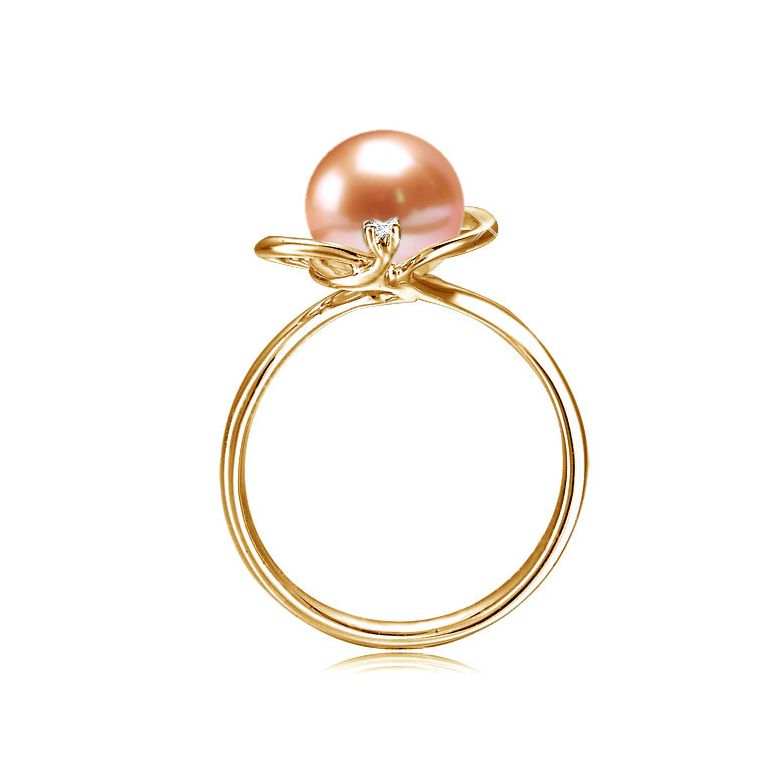 Bague perle d'eau douce blanche - 9/9.5mm, AAA - Or jaune, diamant - 9