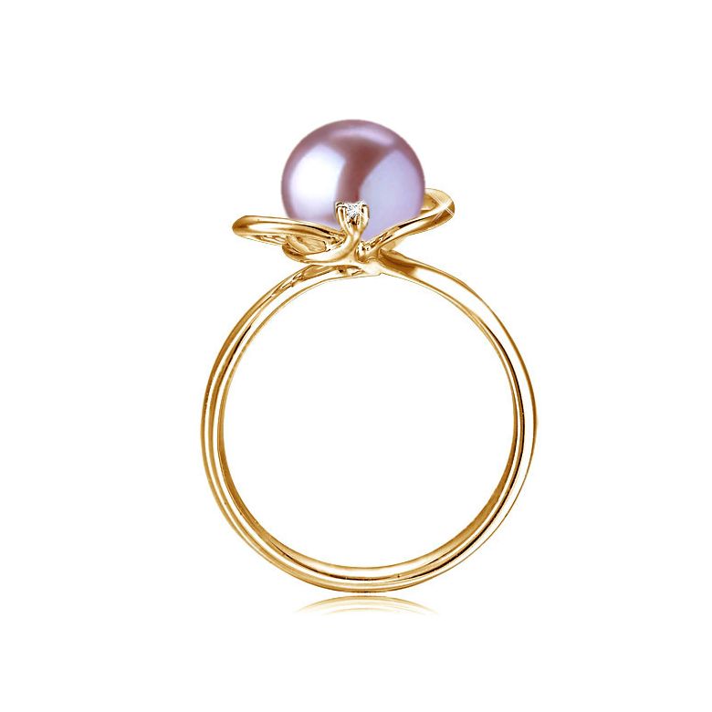 Bague perle d'eau douce blanche - 9/9.5mm, AAA - Or jaune, diamant - 12
