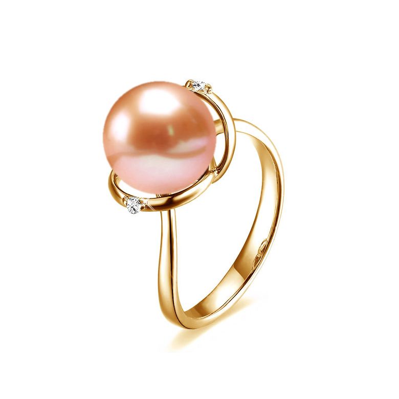 Bague or jaune style circulaire - Perle de culture - 2 diamants sertis - 4