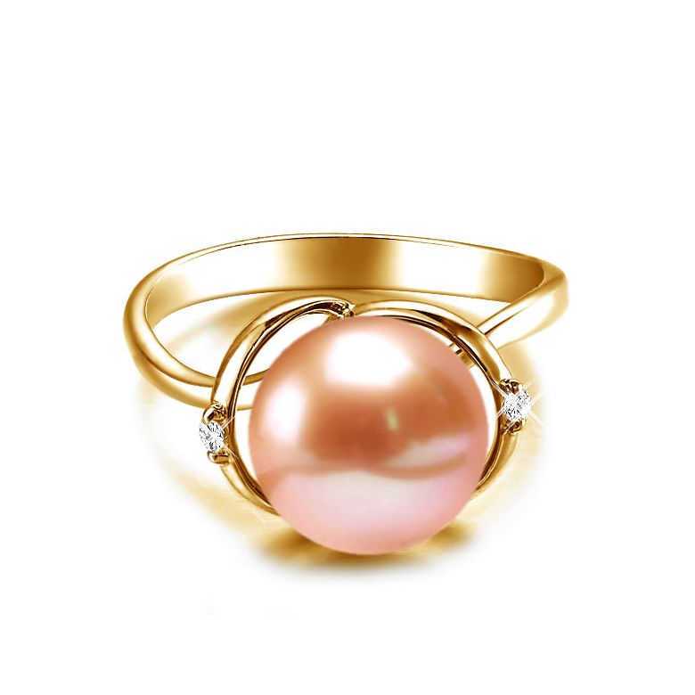Bague or jaune style circulaire - Perle de culture - 2 diamants sertis - 5