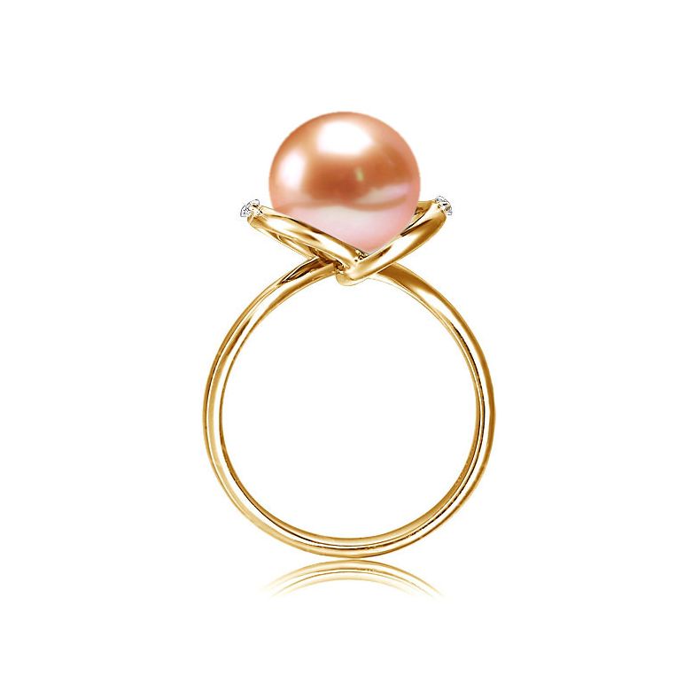 Bague or jaune style circulaire - Perle de culture - 2 diamants sertis - 6