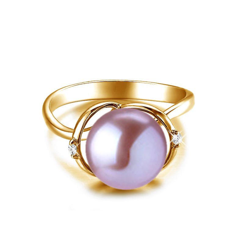 Bague or jaune style circulaire - Perle de culture - 2 diamants sertis - 8