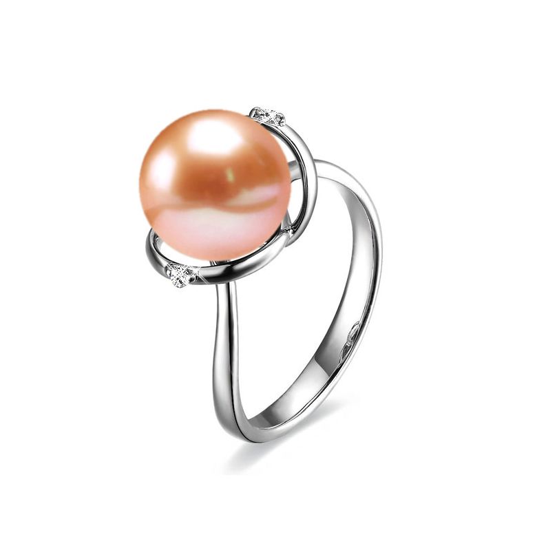 Bague or blanc style circulaire - Perle de culture - 2 diamants sertis - 4
