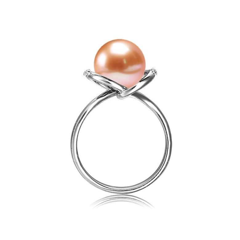 Bague or blanc style circulaire - Perle de culture - 2 diamants sertis - 5