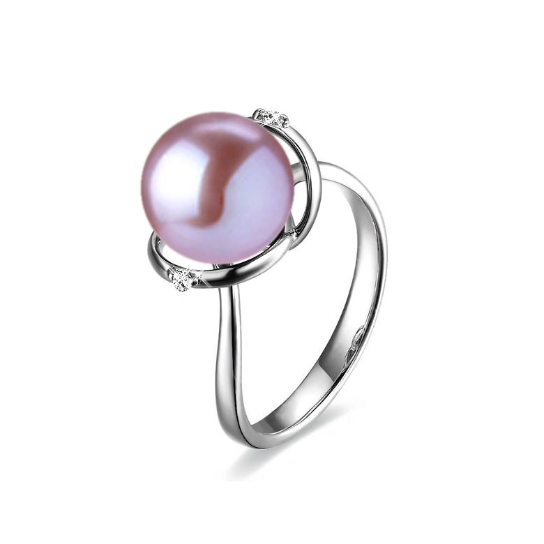 Bague or blanc style circulaire - Perle de culture - 2 diamants sertis - 6