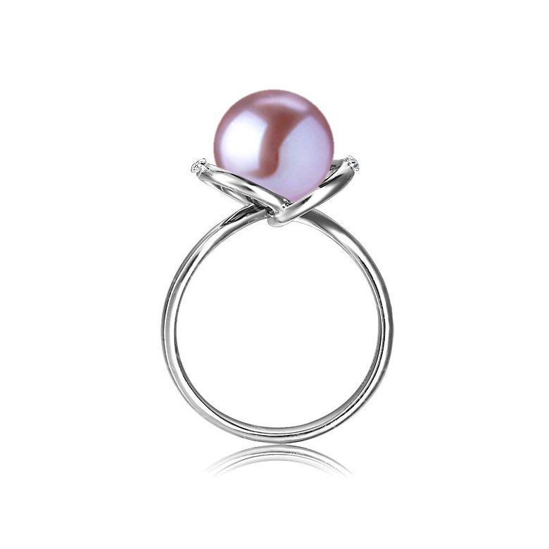 Bague or blanc style circulaire - Perle de culture - 2 diamants sertis - 7