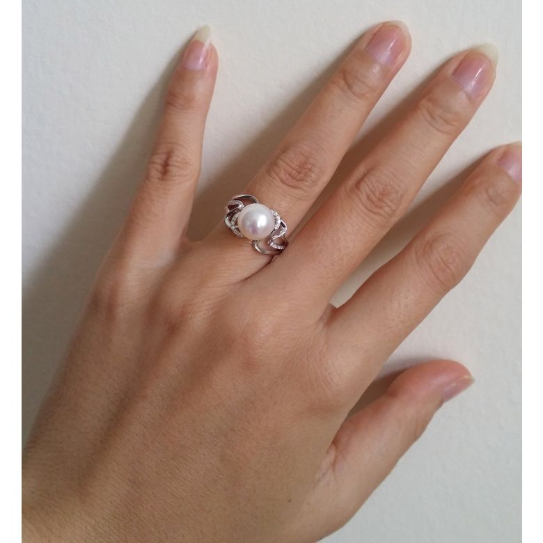 Bague luxe et moderne perle eau douce blanche - Or blanc, diamants - 4