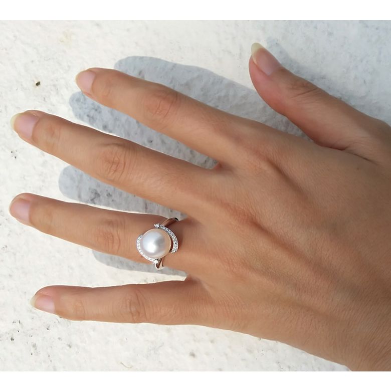 Bague voluptueuse or blanc et perle de culture blanche - Diamant pavé - 2