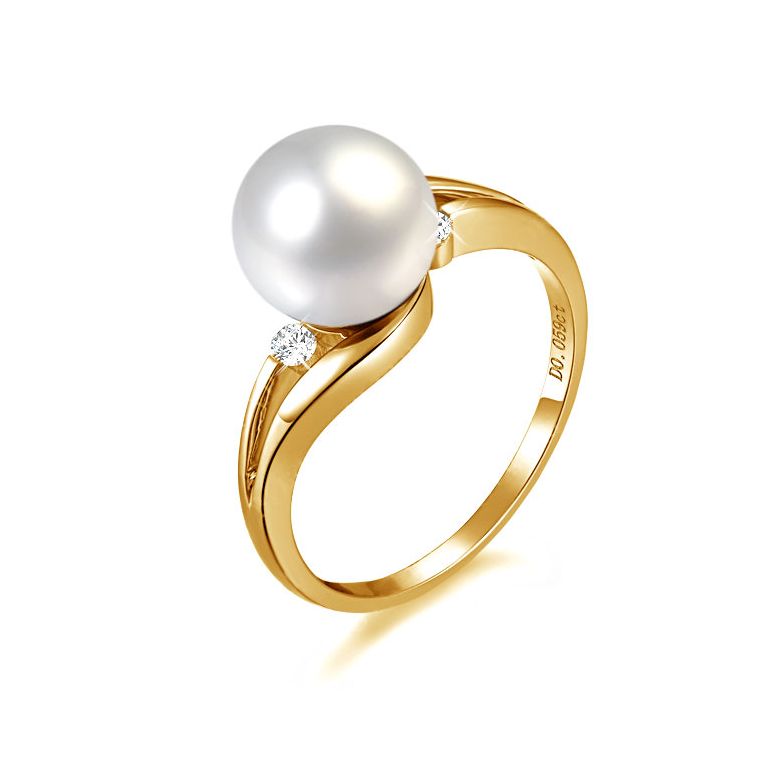 Bague feuilles de style - Perle culture blanche - Or jaune, diamants - 1