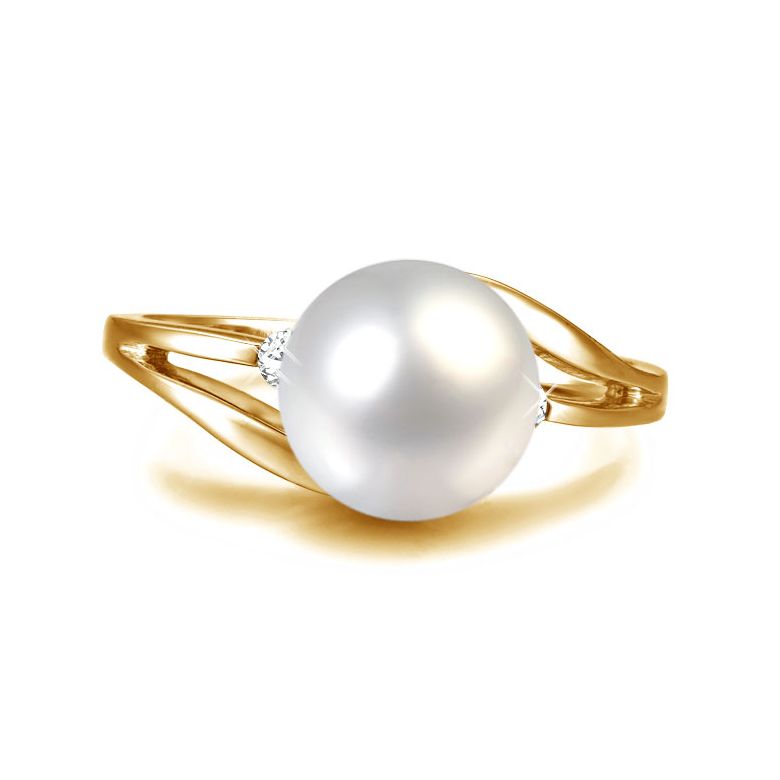 Bague feuilles de style - Perle culture blanche - Or jaune, diamants - 3
