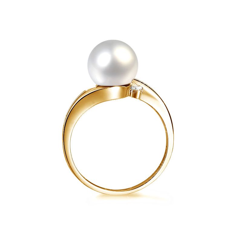 Bague feuilles de style - Perle culture blanche - Or jaune, diamants - 2