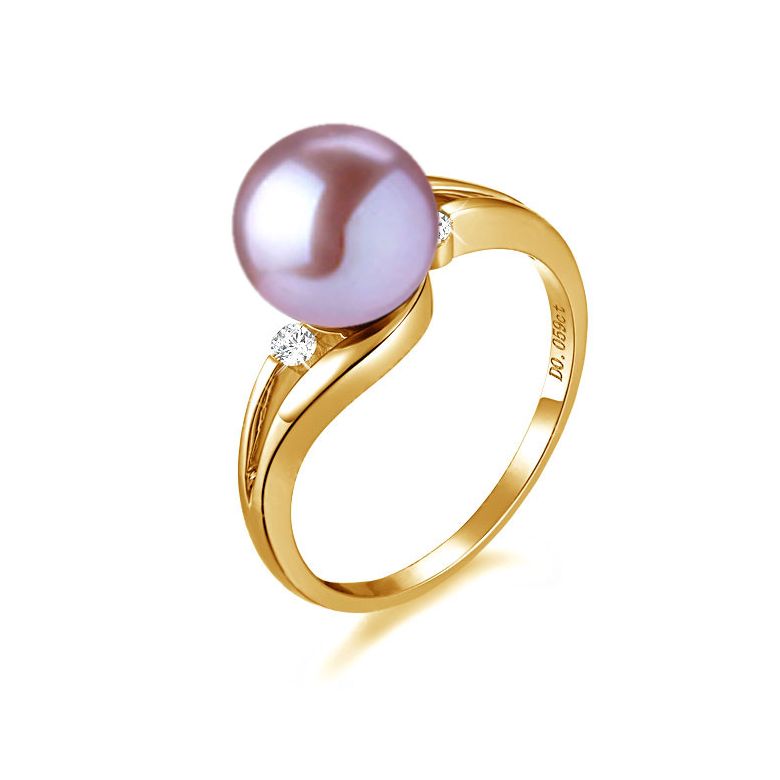 Bague feuilles de style - Perle culture blanche - Or jaune, diamants - 7
