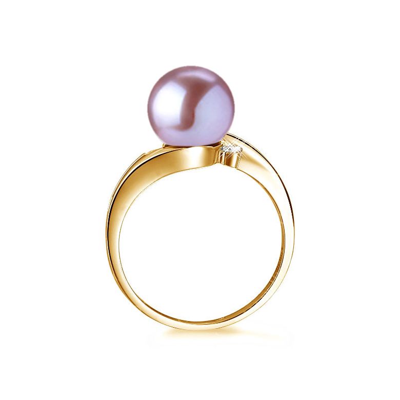 Bague feuilles de style - Perle culture blanche - Or jaune, diamants - 9