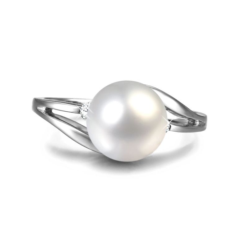 Bague feuille de style or blanc - Perle eau douce blanche, diamants - 5