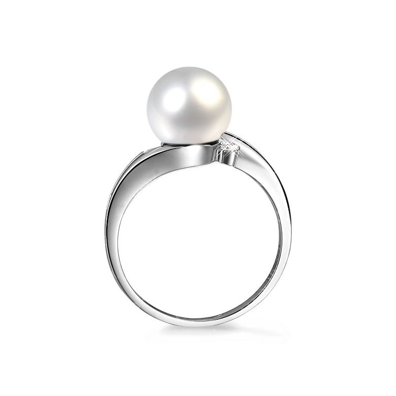 Bague feuille de style or blanc - Perle eau douce blanche, diamants - 4