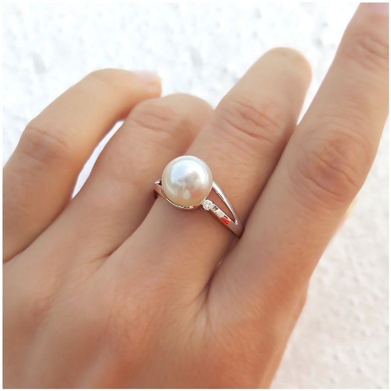 Bague feuille de style or blanc - Perle eau douce blanche, diamants - 2