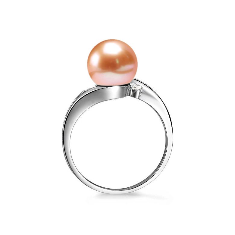 Bague feuille de style or blanc - Perle eau douce blanche, diamants - 7