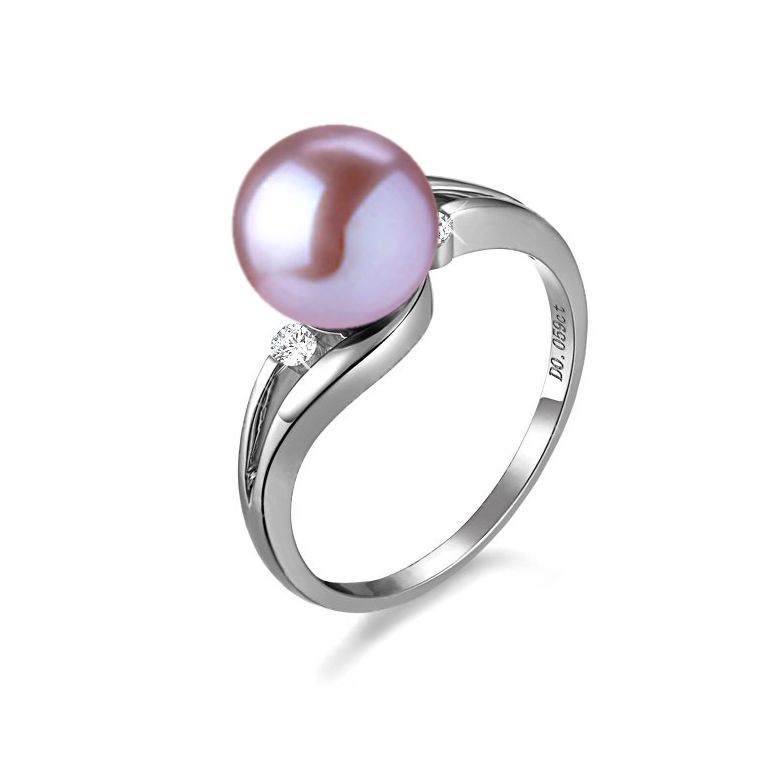 Bague feuille de style or blanc - Perle eau douce blanche, diamants - 8