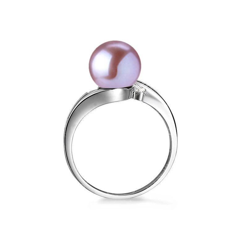 Bague feuille de style or blanc - Perle eau douce blanche, diamants - 9
