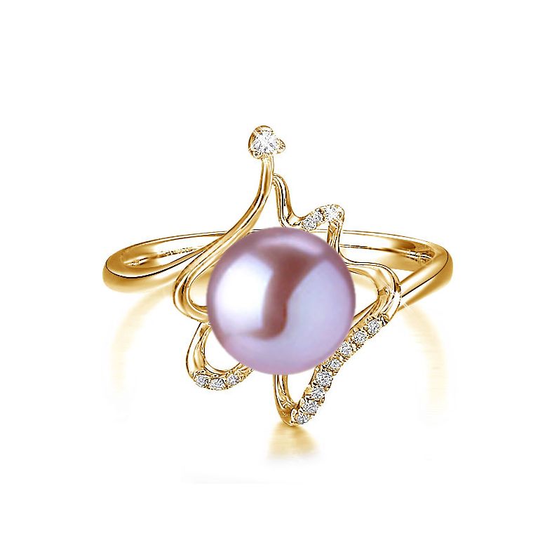 Bague orfèvrerie d'art or jaune - Perle eau douce blanche - Diamants - 8
