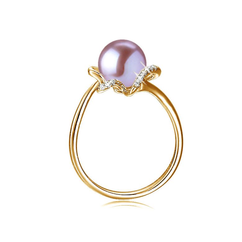 Bague orfèvrerie d'art or jaune - Perle eau douce blanche - Diamants - 9