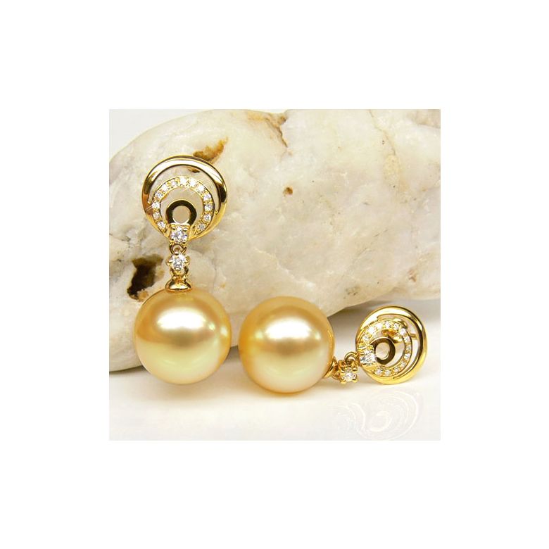 Boucles oreilles Île Hamilton - Perles Australie, or jaune, diamants  - 2